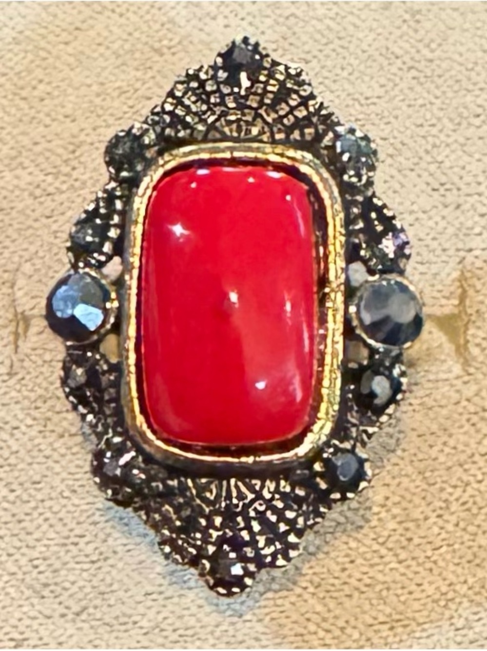 Vintage Statement Ring—Red Cabochon, Antiqued GoldTone, Black Rhinestone Accents